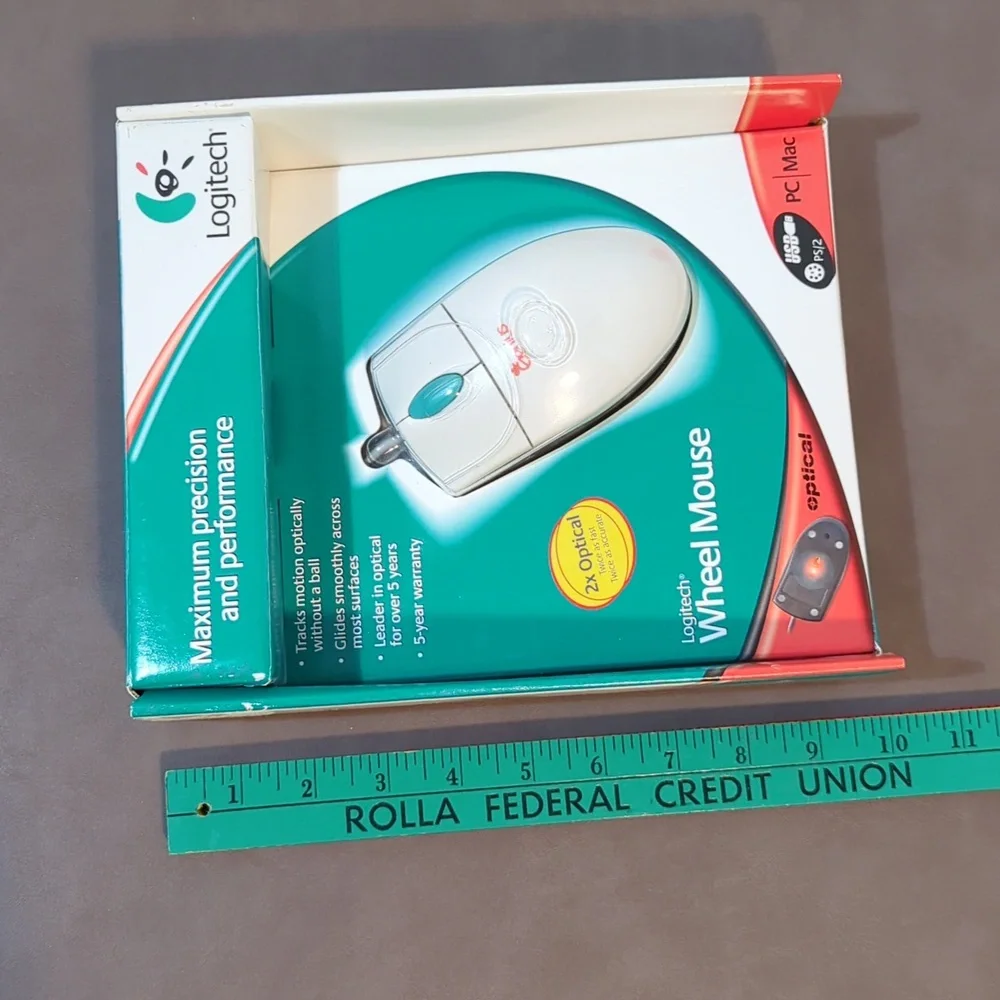 Logitech Optical Wheel Mouse USB PC With Box Paperwork Mouseware
